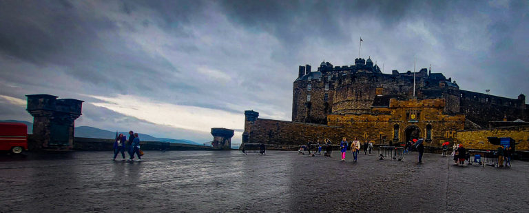 Edinburgh Castle from the esplanade with a grey and moody sky