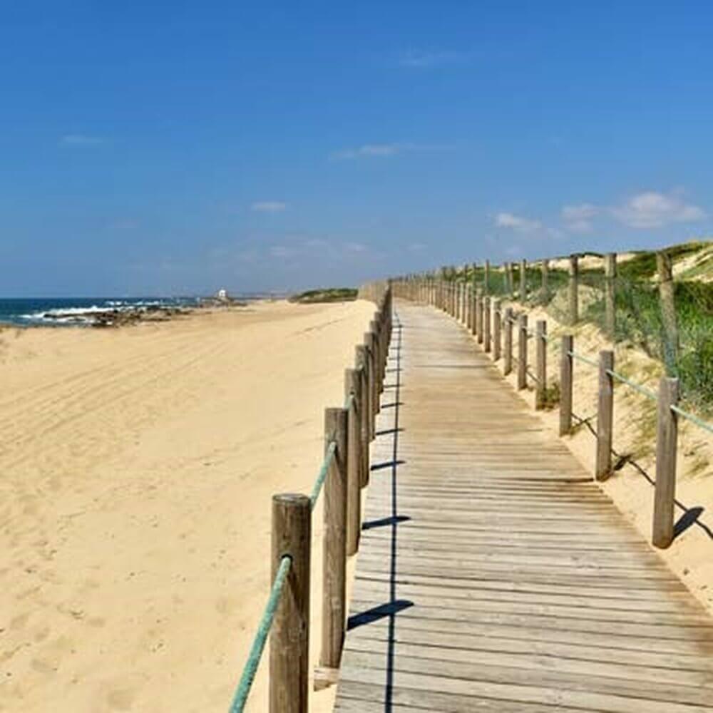 Second city Porto, Poprtugal, Aguda Beach, Vila Nova de Gaia.  Beach with wooden boardwalk