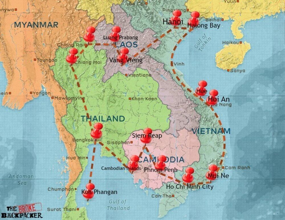 1st Solo trip destinations map of SE Asia showing Backpacker trail