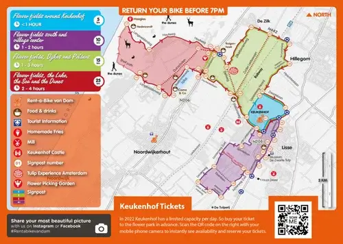 Map of the 4 main cycling routes around the fields at Keukenhof shown in blue, green, red and orange