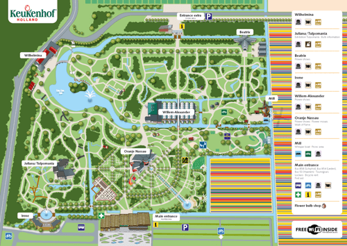 Map of Keukenhof Gardens showing main paths, lake and greenhouses