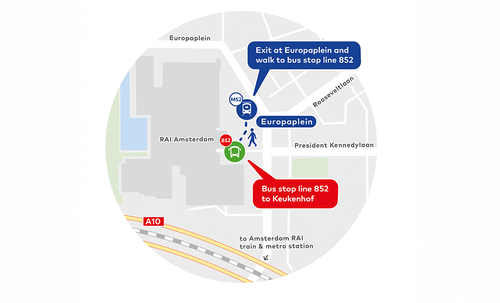 Map of how to get to Keukenhof showing bus symbol in blue outside train station  at Europaplein, shown in green on extract of map with tiny figure in Blue