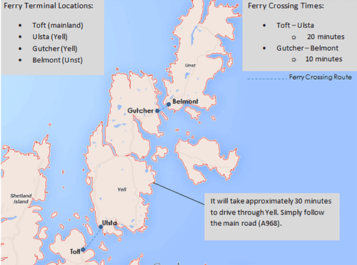 Map of top of Shetland and islands of Yell and Unst showing how to get to Unst by ferry.  