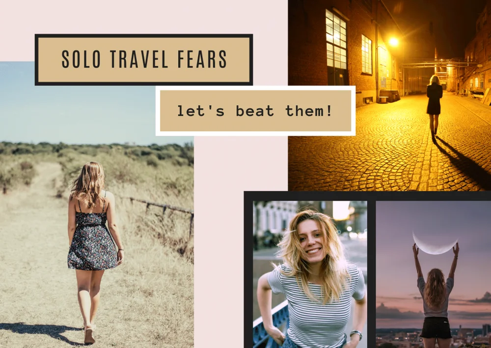 Canva images of women travelling solo on pink background. Text 'solo travel fears, let's beat them'
Woman 1 in sundress walking on a sandy beach, woman 2 walking on a city street at night, woman 3 smiling at camera and woman 4 watching a sunset with arms above her head