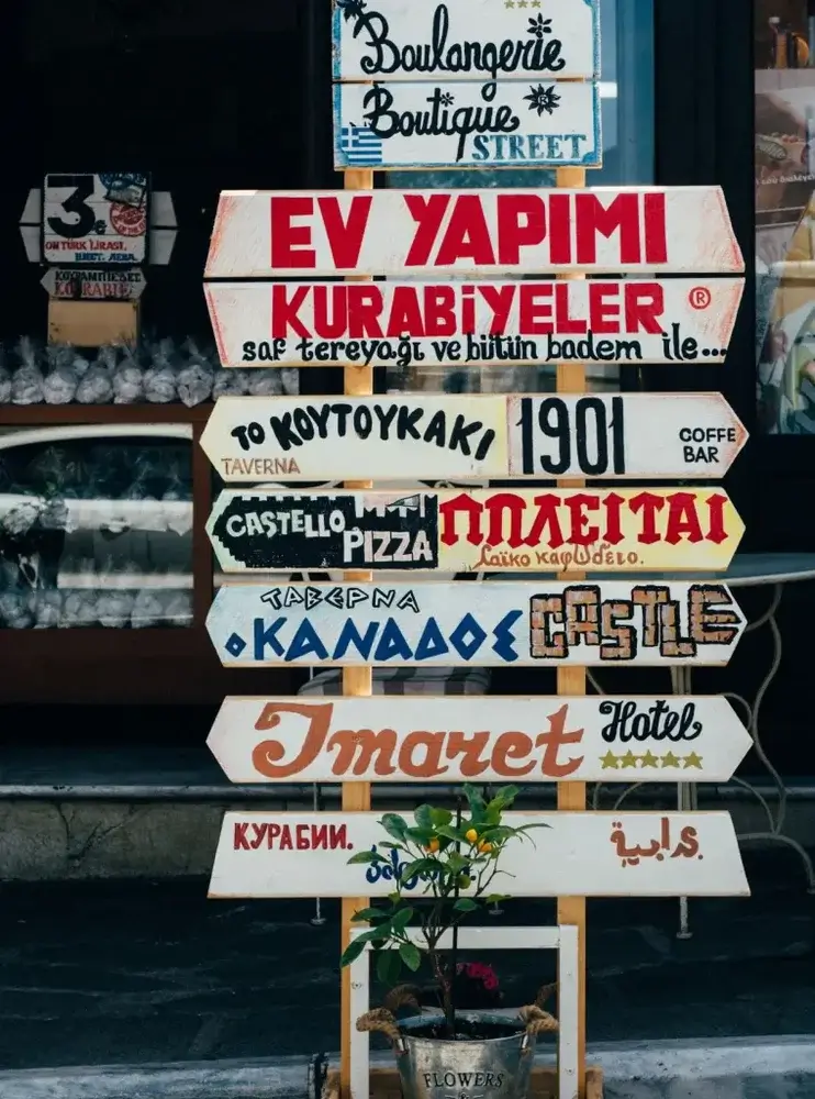 Solo travel fear: language barriers.  Signpost with directions in a variety of languages