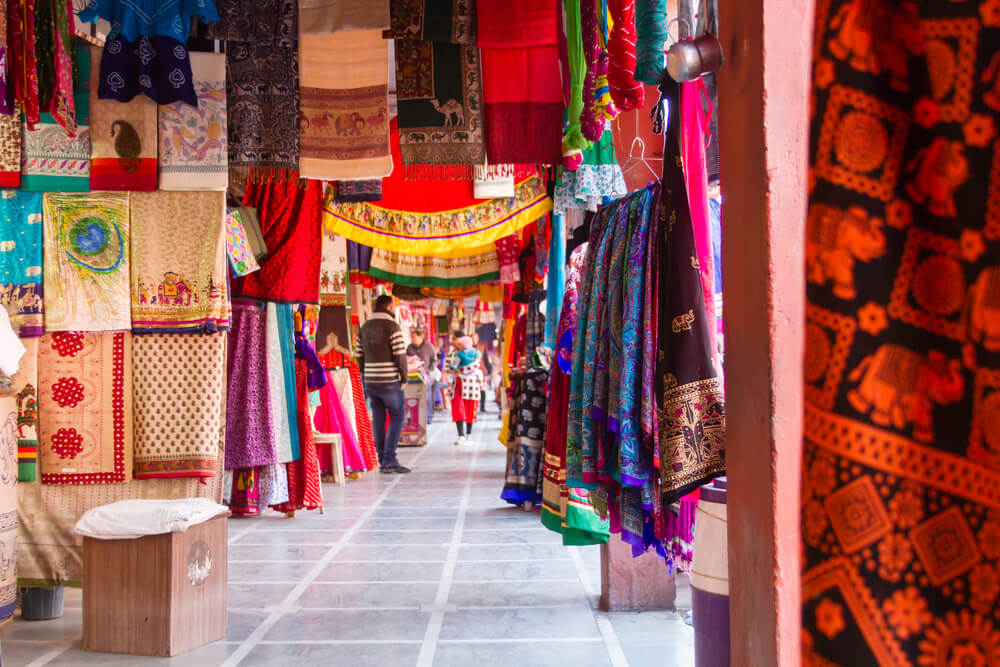 Jaipur market selling colourful textiles