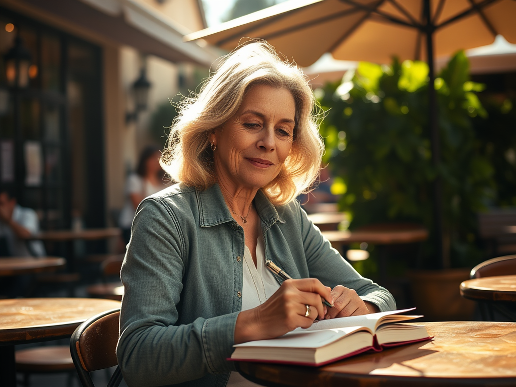 Woman with blonde hair journalling sat at outside cafe in the sun